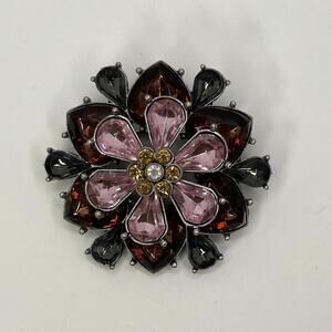 Vintage Looking Flower Brooch Pin Fashion Accessory Silver Pink Rust Gemstone